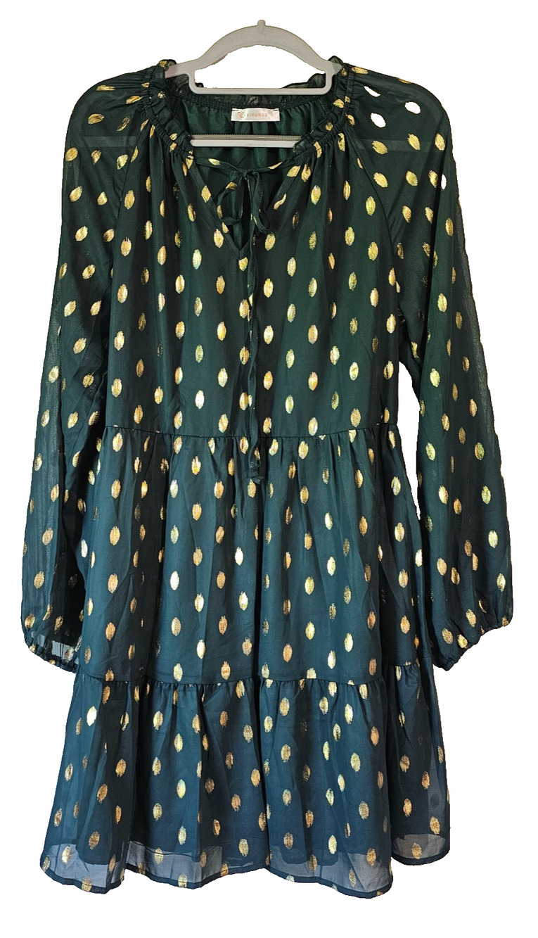 Kirundo Womens S Green Gold Metallic Polka Dot Tiered Dress Long Sleeve Lined